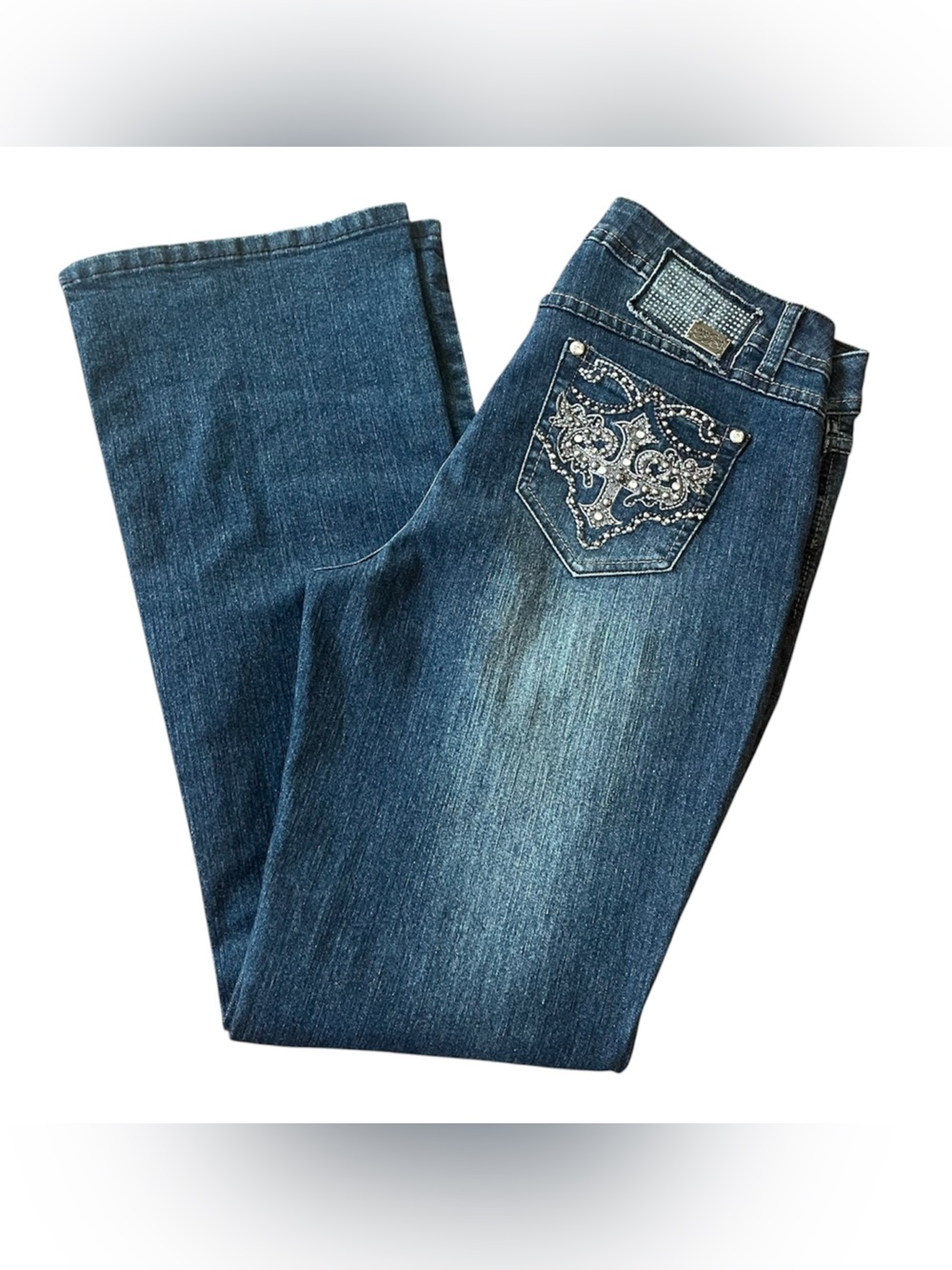 one 5 one Y2K Boot Cut Jeans in Dark Blue with Embellished Pockets size 10